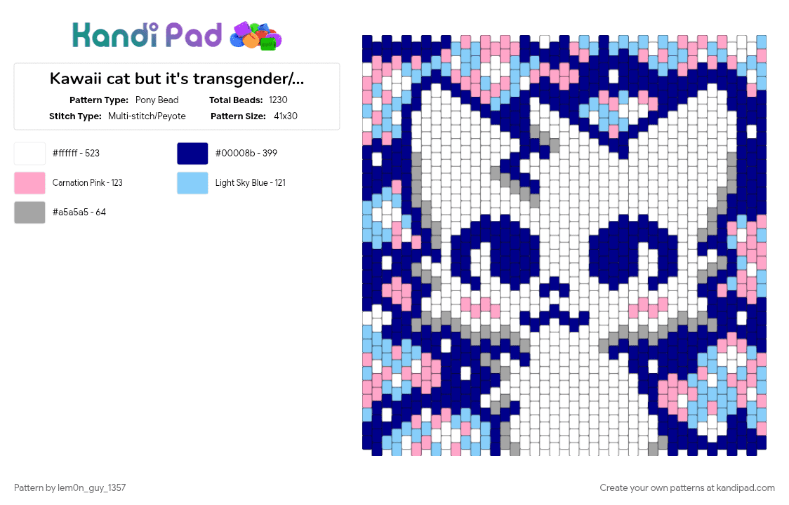 Kawaii cat but it\'s transgender/cotton candy colours - Pony Bead Pattern by lem0n_guy_1357 on Kandi Pad - animal, bag, cotton candy, cute, kawaii, pride, purple, purse, trans flag