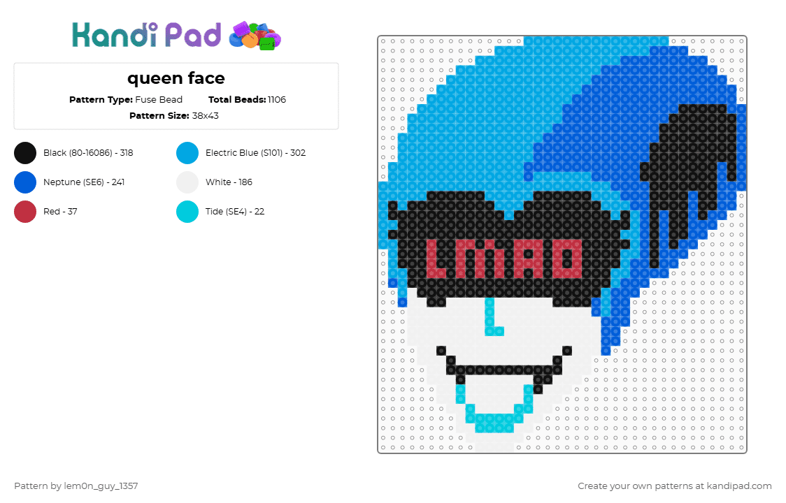 queen face - Fuse Bead Pattern by lem0n_guy_1357 on Kandi Pad - light blue,blue,deltarune,gaming,video game,queen