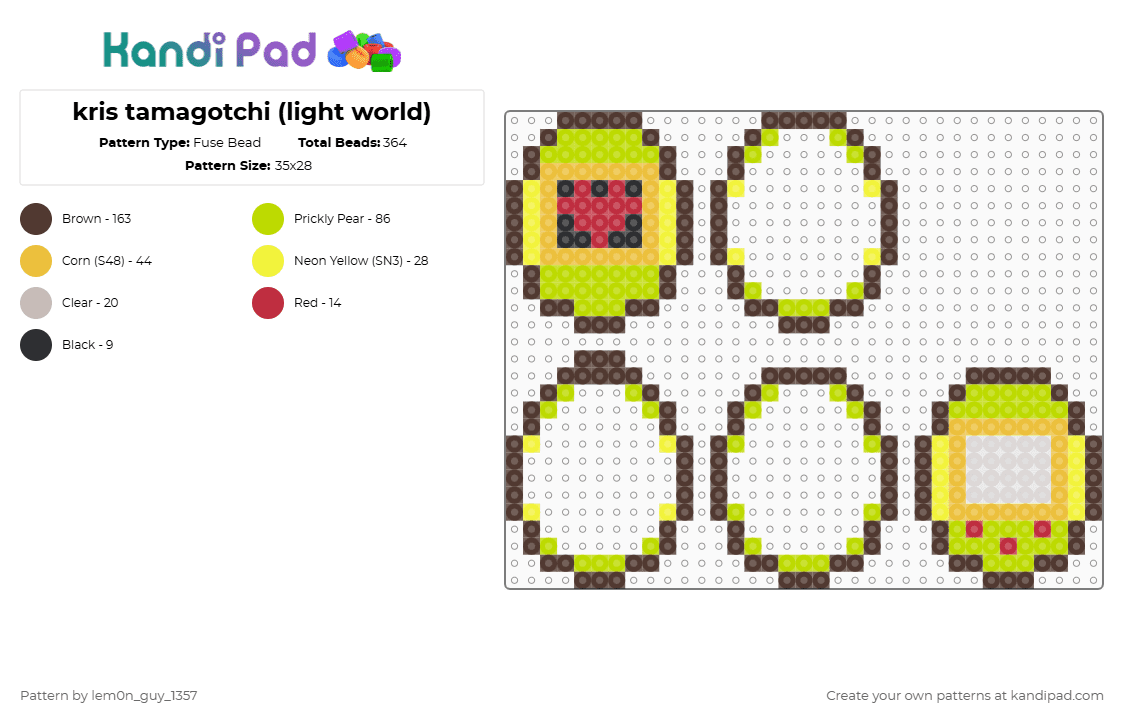 kris tamagotchi (light world) - Fuse Bead Pattern by lem0n_guy_1357 on Kandi Pad - brown,yellow,green,delatrune,tamagotchi,fun gang,game,gaming,videogame