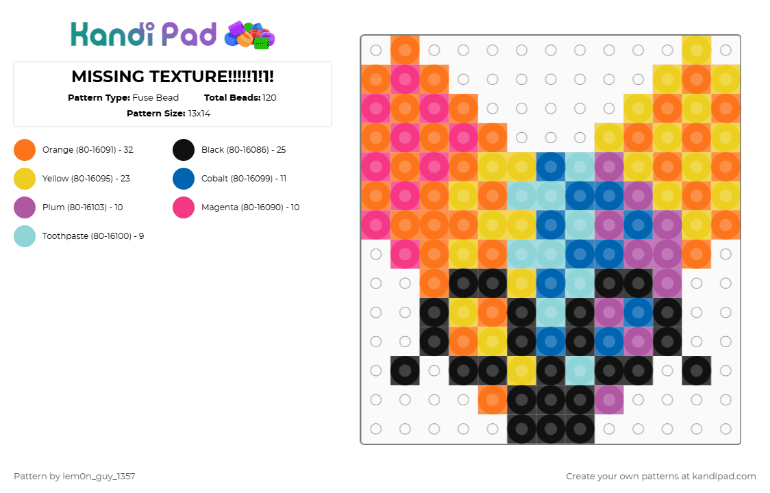 MISSING TEXTURE!!!!!1!1! - Fuse Bead Pattern by lem0n_guy_1357 on Kandi Pad - yellow,pink,orange,aquasine