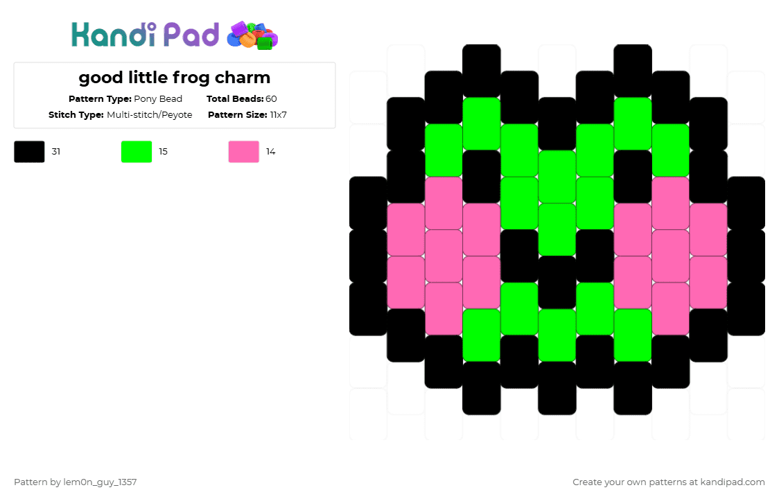 good little frog charm - Pony Bead Pattern by lem0n_guy_1357 on Kandi Pad - frog,cute,head,amphibian,animal,pink,green,charm