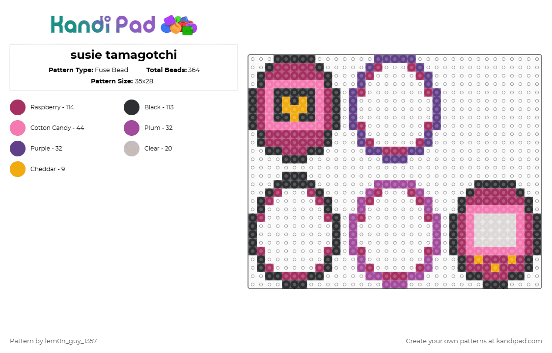 susie tamagotchi - Fuse Bead Pattern by lem0n_guy_1357 on Kandi Pad - pink,deltarune,susie,fun gang,tamagotchi,game,gaming,videogame