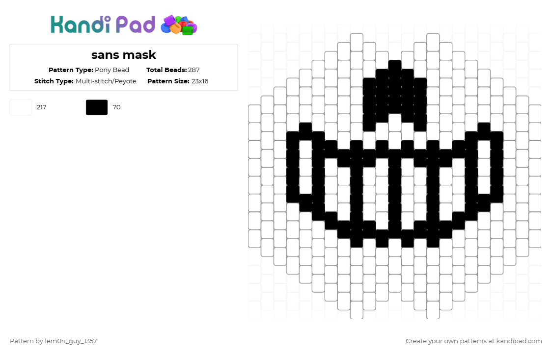 sans mask - Pony Bead Pattern by lem0n_guy_1357 on Kandi Pad - white,undertale,deltarune,gaming,mask,sans