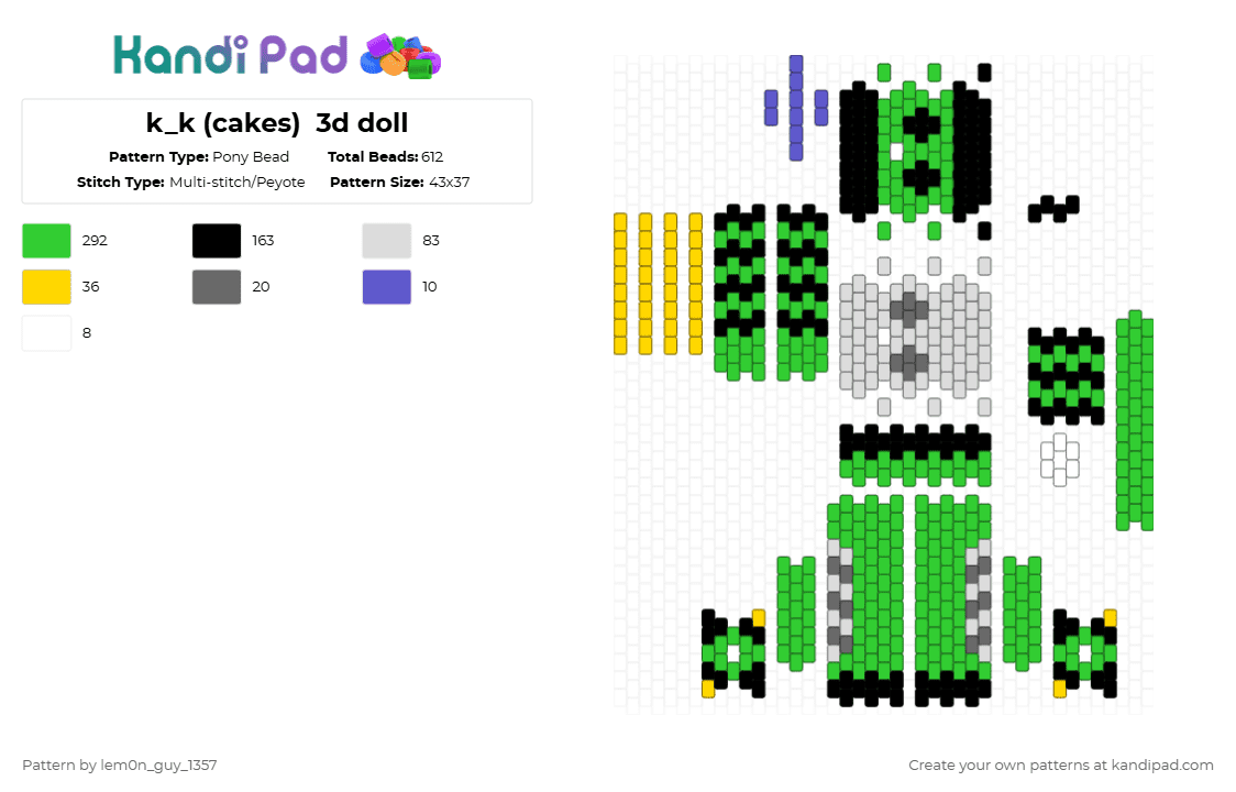 k_k (cakes)  3d doll - Pony Bead Pattern by lem0n_guy_1357 on Kandi Pad - green,deltarune,3d,doll,3d doll,music