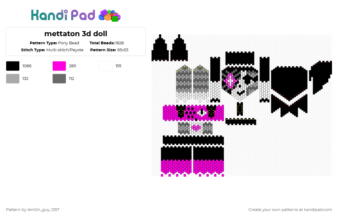 mettaton 3d doll - Pony Bead Pattern by lem0n_guy_1357 on Kandi Pad - black,pink,undertale,mtt,legs,game,gaming,video game,characters,cute
