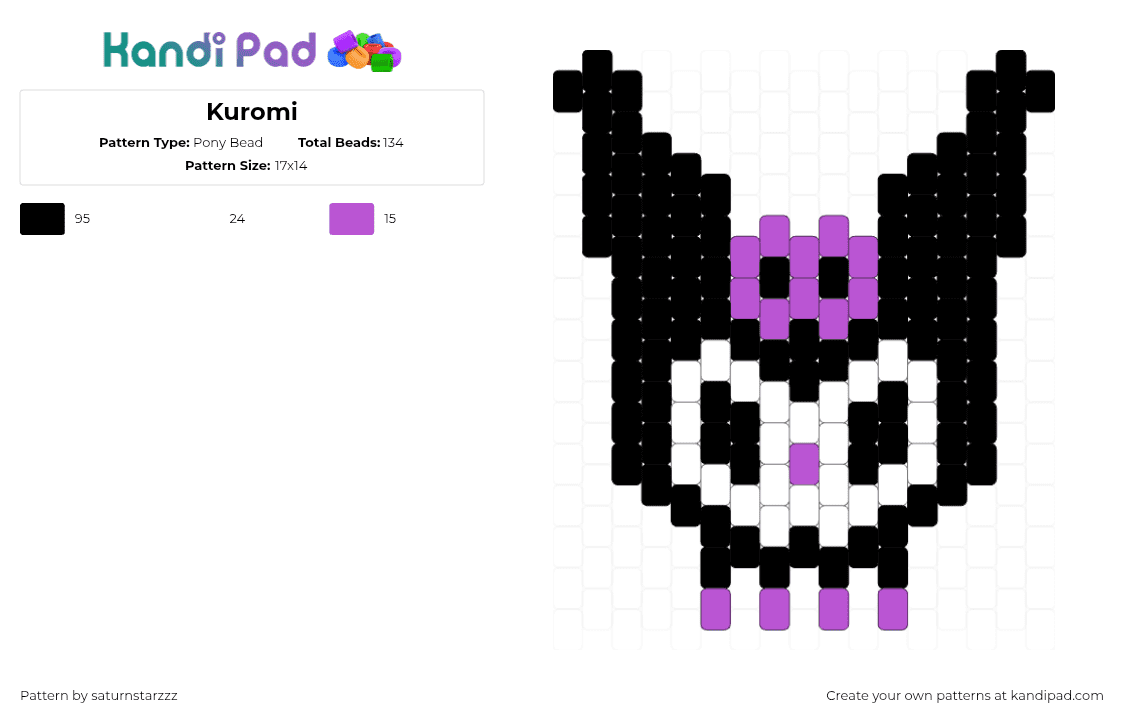 Kuromi - Pony Bead Pattern by saturnstarzzz on Kandi Pad - kuromi,sanrio,kawaii,character,charm,head,black,white,purple