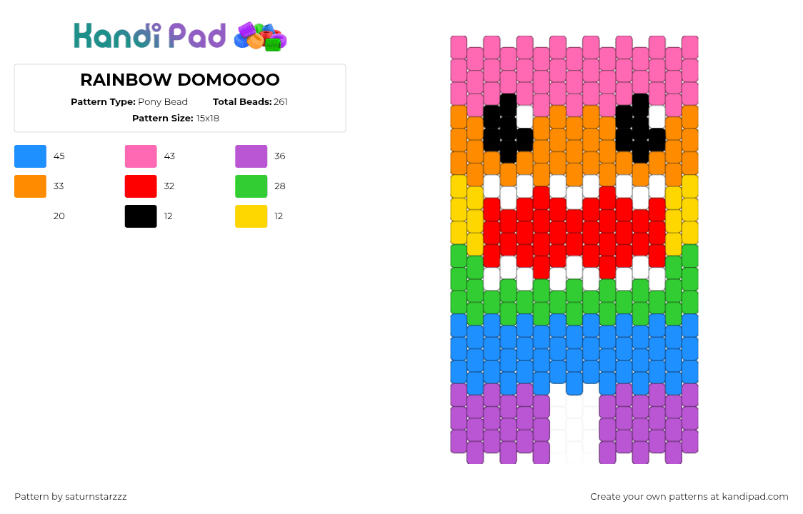 RAINBOW DOMOOOO - Pony Bead Pattern by saturnstarzzz on Kandi Pad - domo,rainbow,character,colorful,bright,mouth,red