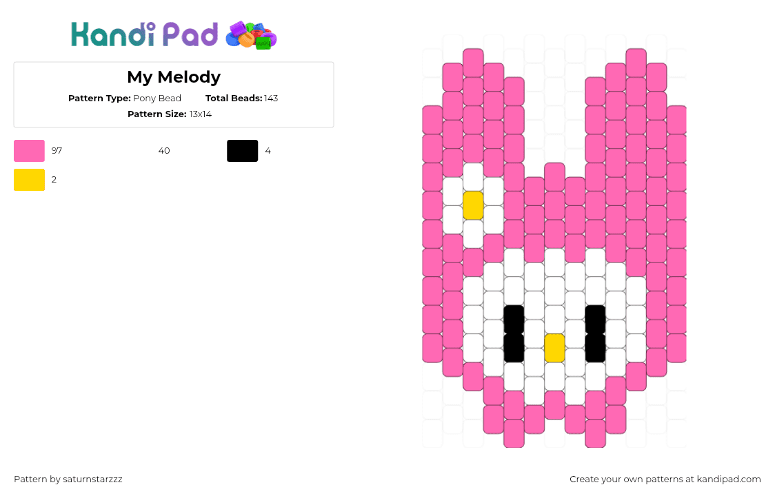 My Melody - Pony Bead Pattern by saturnstarzzz on Kandi Pad - my melody,sanrio,kawaii,charm,character,head,pink,white