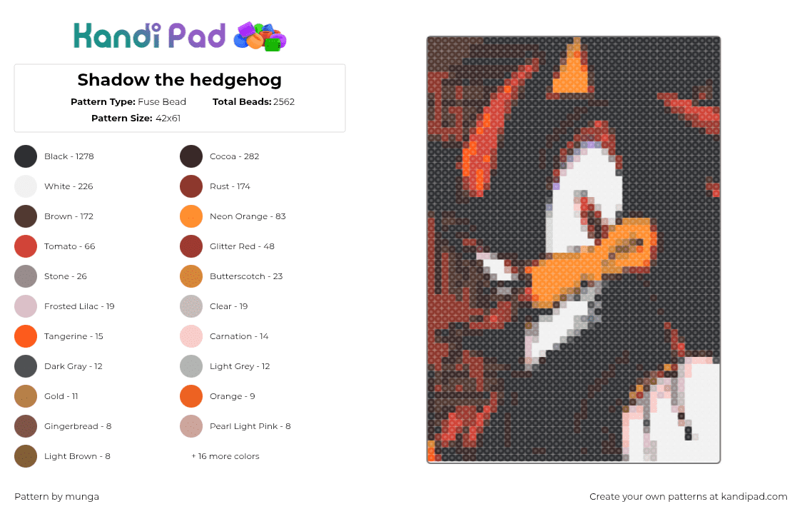 Shadow the hedgehog - Fuse Bead Pattern by munga on Kandi Pad - 