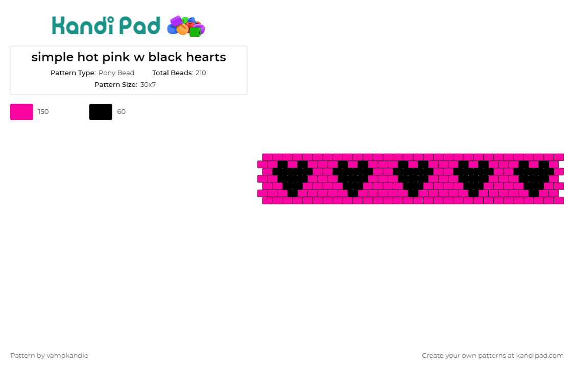 simple hot pink w black hearts - Pony Bead Pattern by vampkandie on Kandi Pad - hearts,cuff