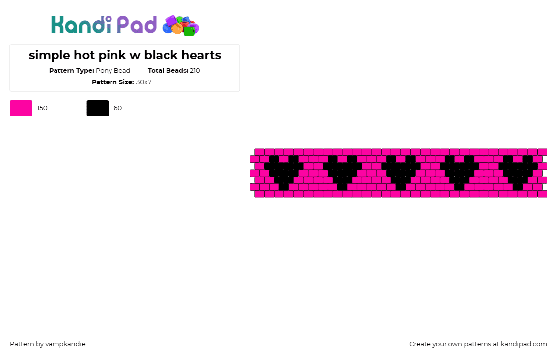 simple hot pink w black hearts - Pony Bead Pattern by vampkandie on Kandi Pad - hearts,scene,emo,repeating,love,cuff,black,pink