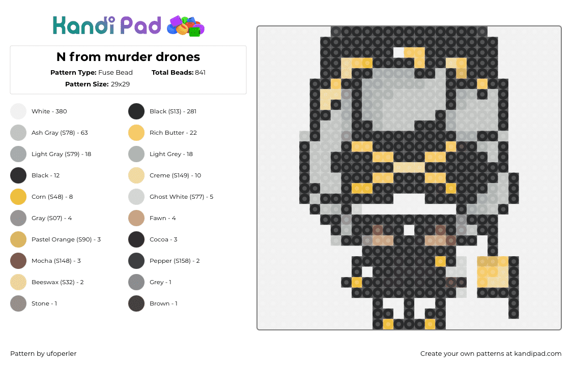 N from murder drones - Fuse Bead Pattern by ufoperler on Kandi Pad - n,murder drones,character,cartoon,tv show,black,gray