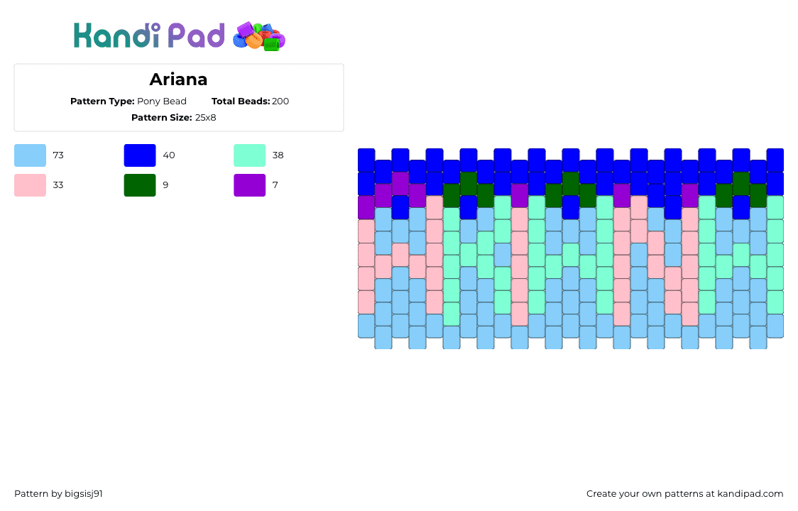 Ariana - Pony Bead Pattern by bigsisj91 on Kandi Pad - ariana,name,text,cuff,blue,green,pink