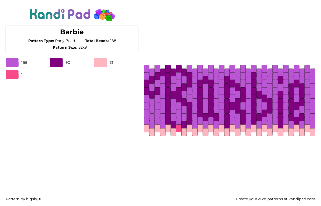 Barbie - Pony Bead Pattern by bigsisj91 on Kandi Pad - barbie,text,doll,mattell,cuff,purple