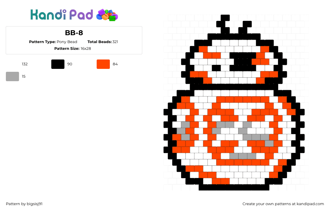 BB-8 - Pony Bead Pattern by bigsisj91 on Kandi Pad - bb8,droid,star wars,robot,scifi,movie,character,white,orange