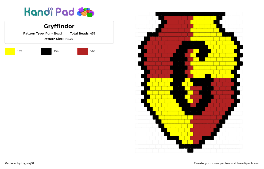 Gryffindor - Pony Bead Pattern by bigsisj91 on Kandi Pad - gryffindor,harry potter,crest,logo,shield,red,yellow,black