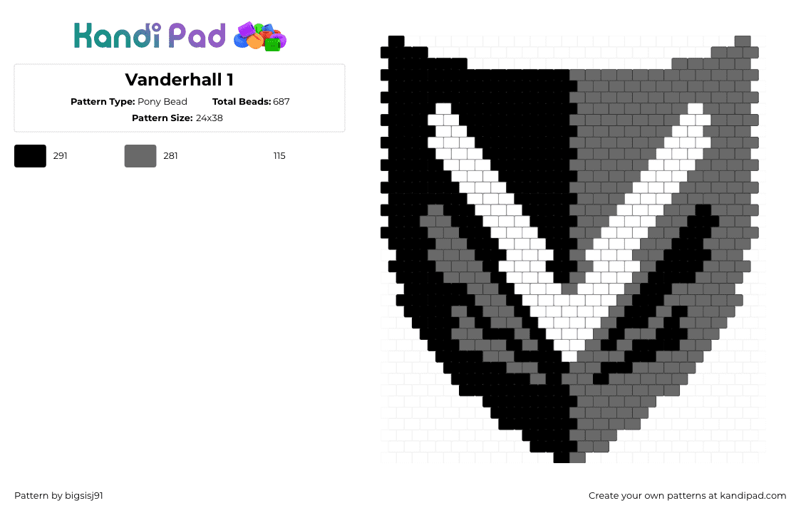 Vanderhall 1 - Pony Bead Pattern by bigsisj91 on Kandi Pad - vanderhall motor works,logo,shield,crest,automobiles,gray,black,white