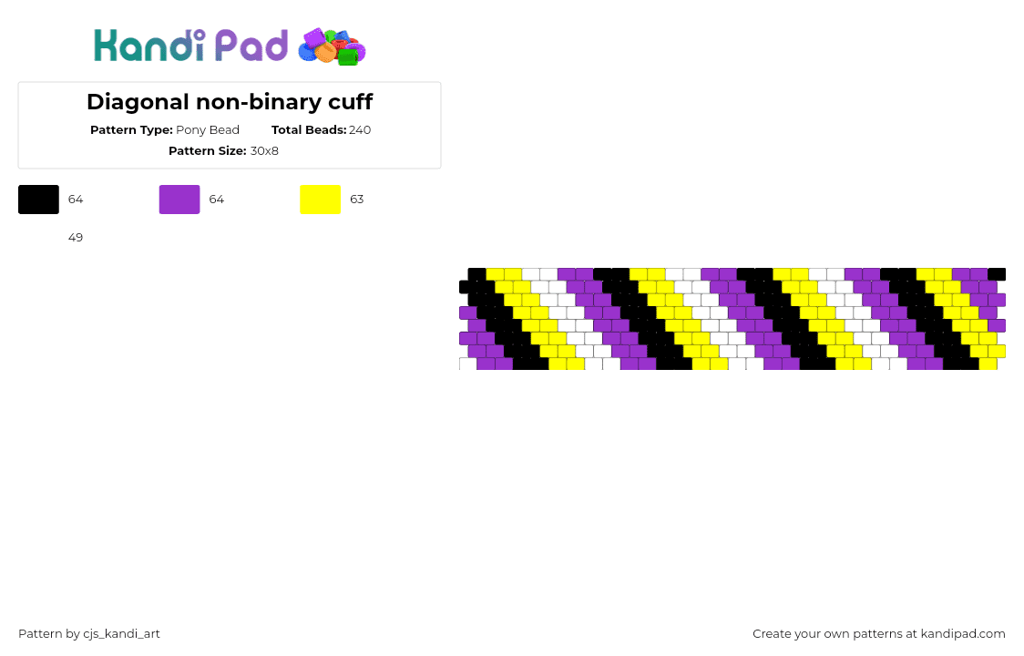 Diagonal non-binary cuff - Pony Bead Pattern by cjs_kandi_art on Kandi Pad - nonbinary,pride,enby,diagonal,stripes,cuff,yellow,purple,white