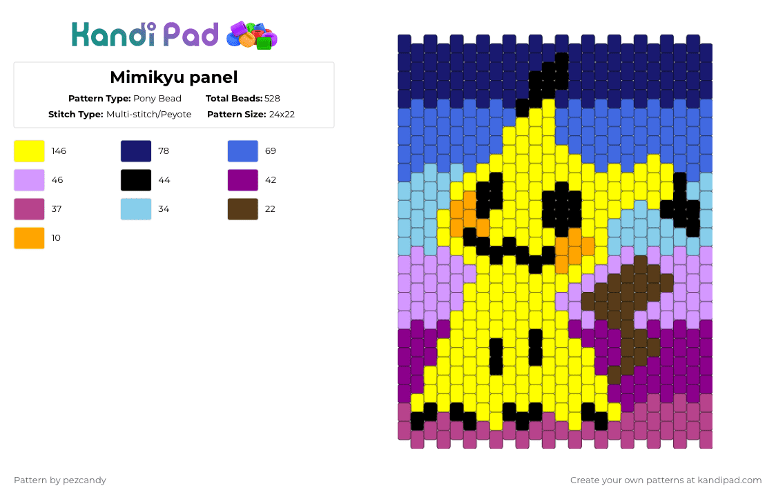 Mimikyu panel - Pony Bead Pattern by pezcandy on Kandi Pad - purple,blue,yellow,pink