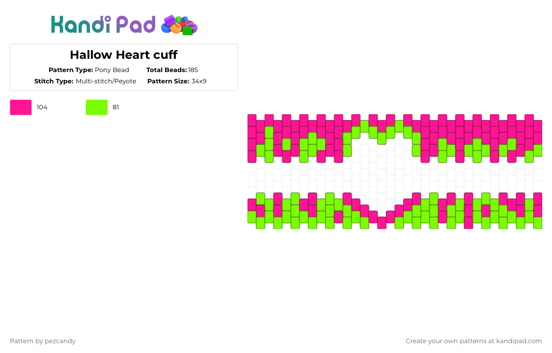 Hallow Heart cuff - Pony Bead Pattern by pezcandy on Kandi Pad - pink,green,cuff,multistitch