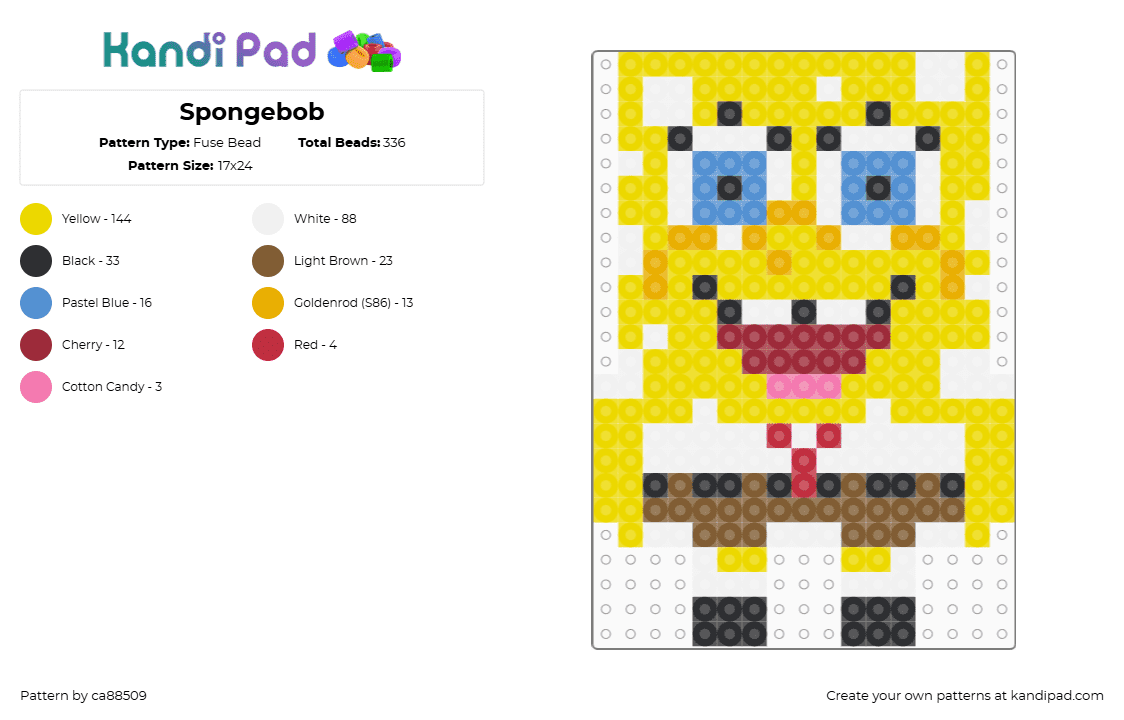 Spongebob - Fuse Bead Pattern by lostgirl92 on Kandi Pad - spongebob squarepants,nickelodeon,character,cartoon,tv show,yellow