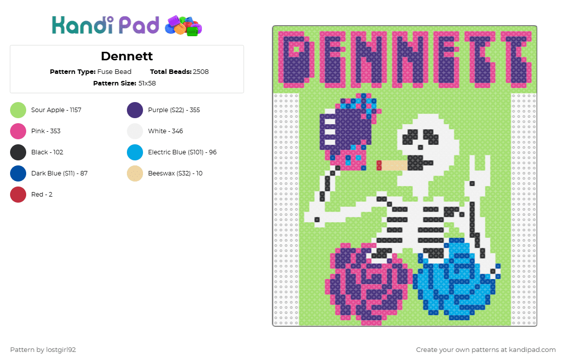 Dennett - Fuse Bead Pattern by lostgirl92 on Kandi Pad - green,purple,pink,dennett,skeleton