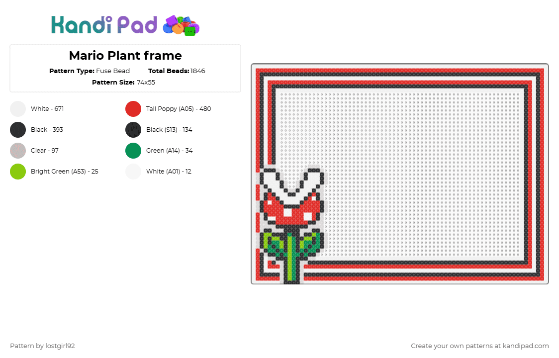 Mario Plant frame - Fuse Bead Pattern by lostgirl92 on Kandi Pad - white,red,mario,plant