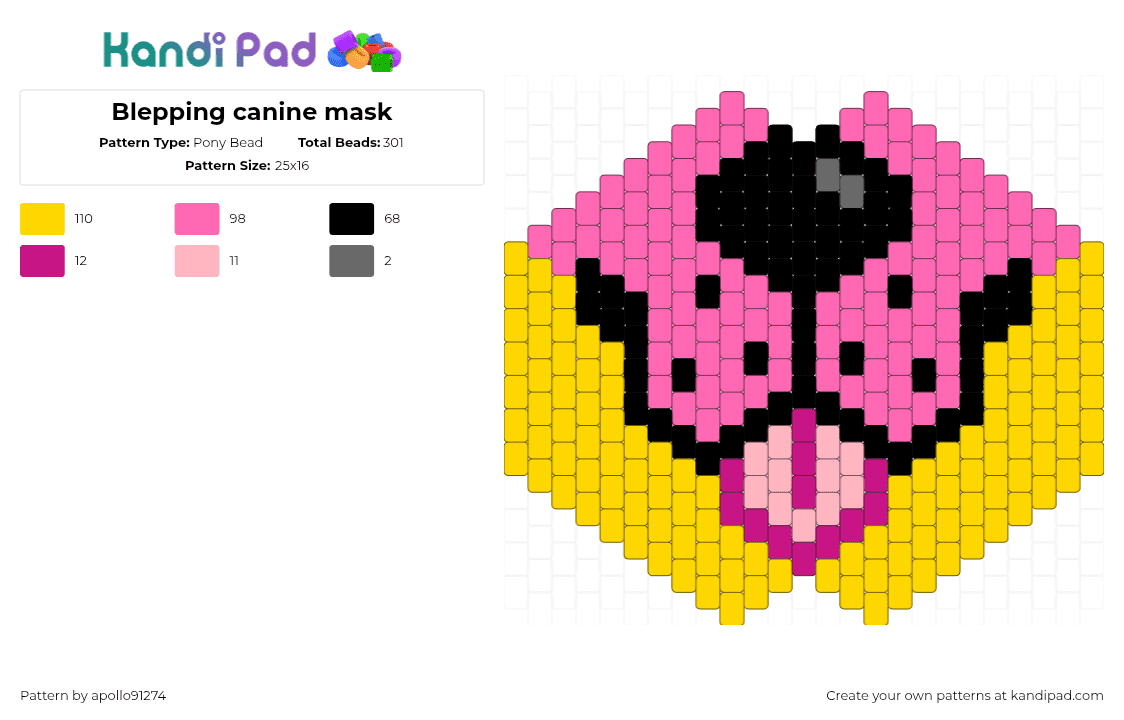 canine mask - Pony Bead Pattern by apollo91274 on Kandi Pad - fursona,furry,tongue,animal,mask,pink,yellow