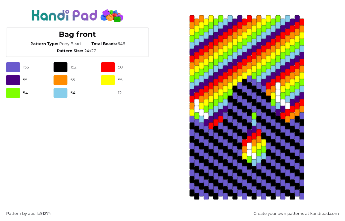 Bag front & back - Pony Bead Pattern by apollo91274 on Kandi Pad - diagonal,stripes,colorful,bag,panel,rainbow,black,purple