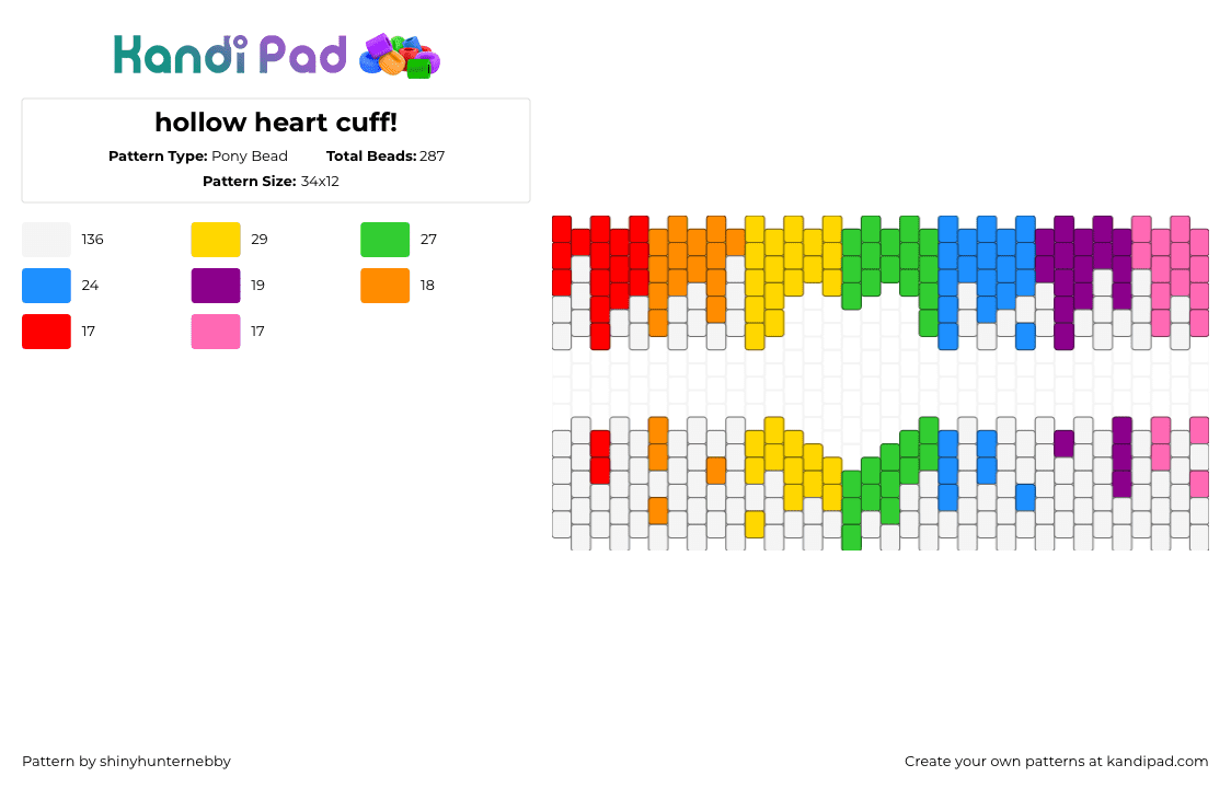 hollow heart cuff! - Pony Bead Pattern by shinyhunternebby on Kandi Pad - white,yellow,pink,colorful