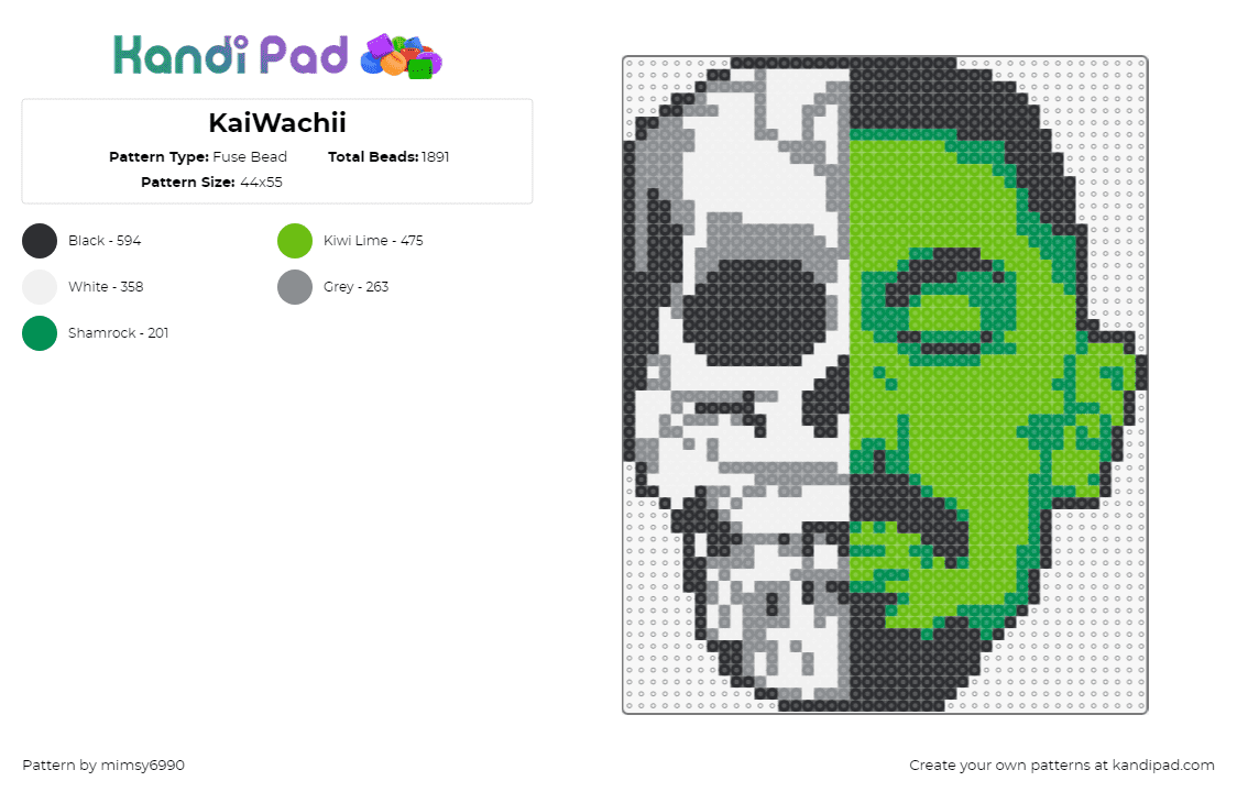 KaiWachii - Fuse Bead Pattern by mimsy6990 on Kandi Pad - kai wachi,skull,face,dj,edm,music,spooky,white,green,gray,black