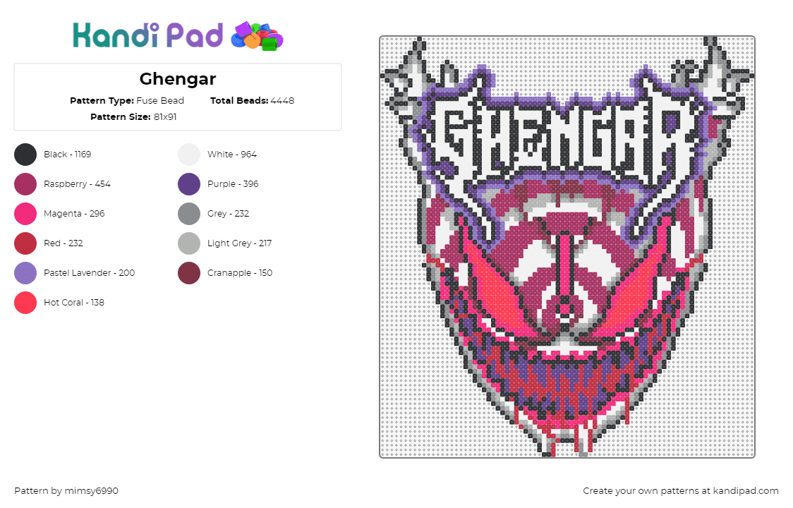 Ghengar - Fuse Bead Pattern by mimsy6990 on Kandi Pad - ghengar,ghastly,logo,dj,edm,music,dubstep,scary,hypnotic,spooky,mask,white,pink,