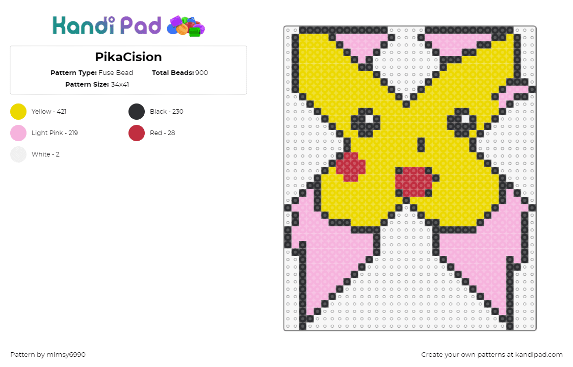 PikaCision - Fuse Bead Pattern by mimsy6990 on Kandi Pad - excision,pikachu,pokemon,dj,edm,dubstep,music,pink,yellow