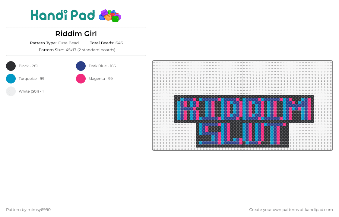 Riddim Girl - Fuse Bead Pattern by mimsy6990 on Kandi Pad - riddim slut,music,edm,text,trippy,bold,energy,pulsating,blue,pink