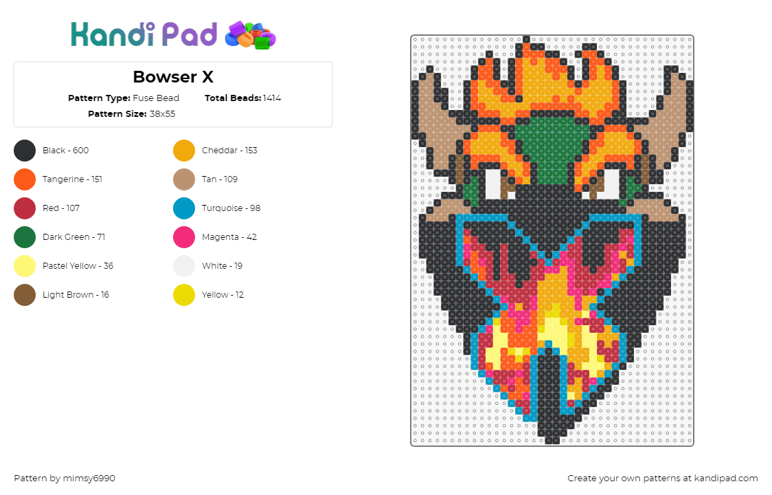 Bowser X - Fuse Bead Pattern by mimsy6990 on Kandi Pad - excision,bowser,mask,fiery,dj,music,edm,dubstep,mashup,villain,mario,orange,green