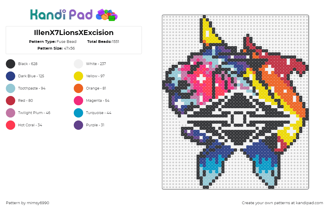 IllenX7LionsXExcision - Fuse Bead Pattern by mimsy6990 on Kandi Pad - seven lions,illennium,excision,logo,b2b,dj,music,edm,colorful,black,blue,orange