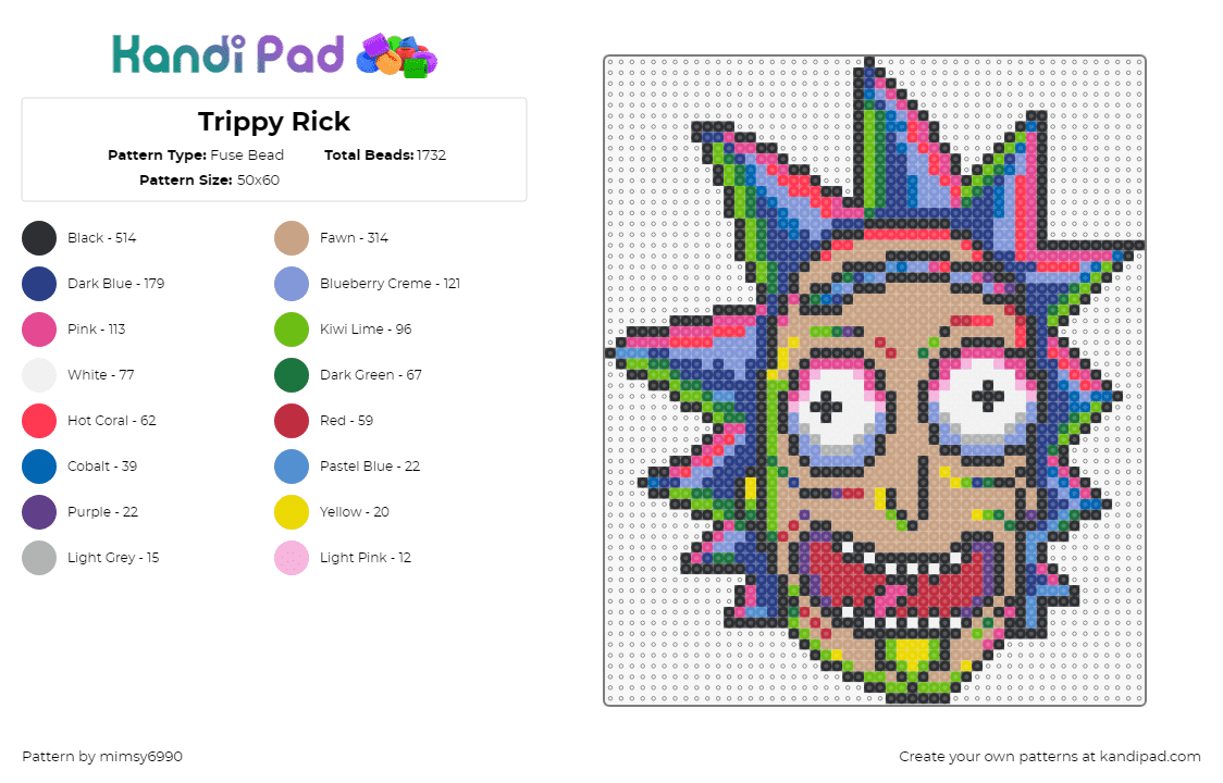 Trippy Rick - Fuse Bead Pattern by mimsy6990 on Kandi Pad - rick sanchez,trippy,psychedelic,rick and morty,character,tv show,colorful,animat