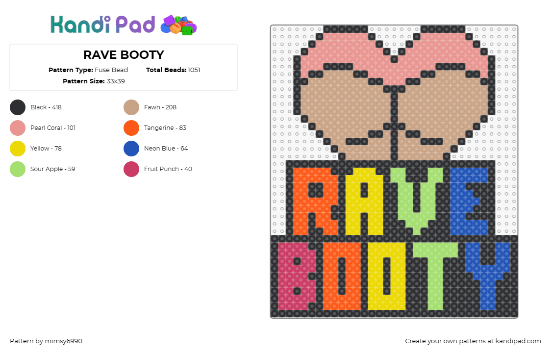 RAVE BOOTY - Fuse Bead Pattern by mimsy6990 on Kandi Pad - booty,butt,rave,music,playful,bold,festival,visual pun,irreverent,multicolored