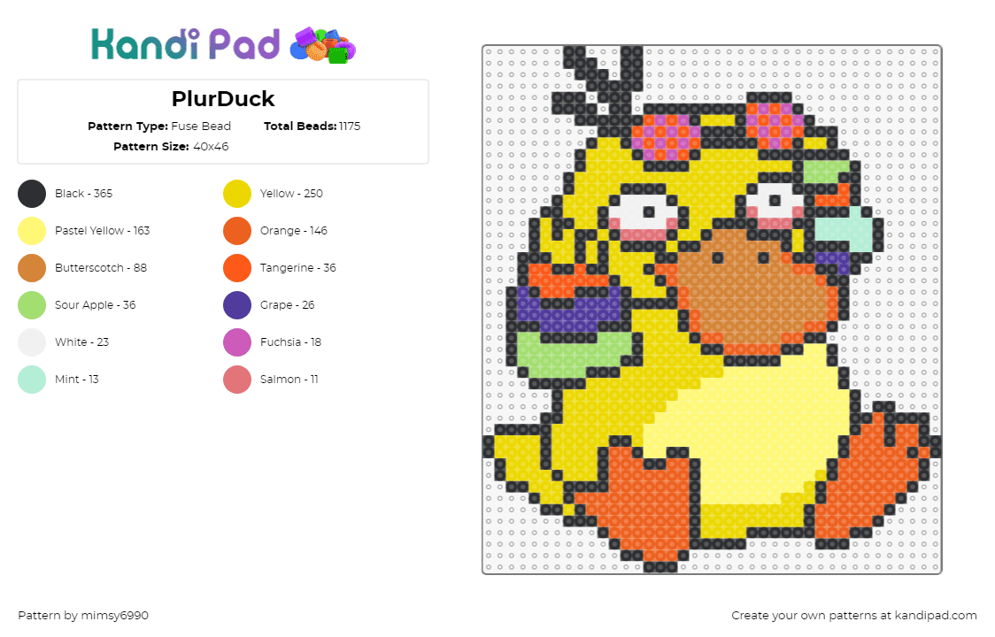 PlurDuck - Fuse Bead Pattern by mimsy6990 on Kandi Pad - psyduck,rave,festival,plur,character,pokemon,gaming,rezz,psychedelic,yellow,oran