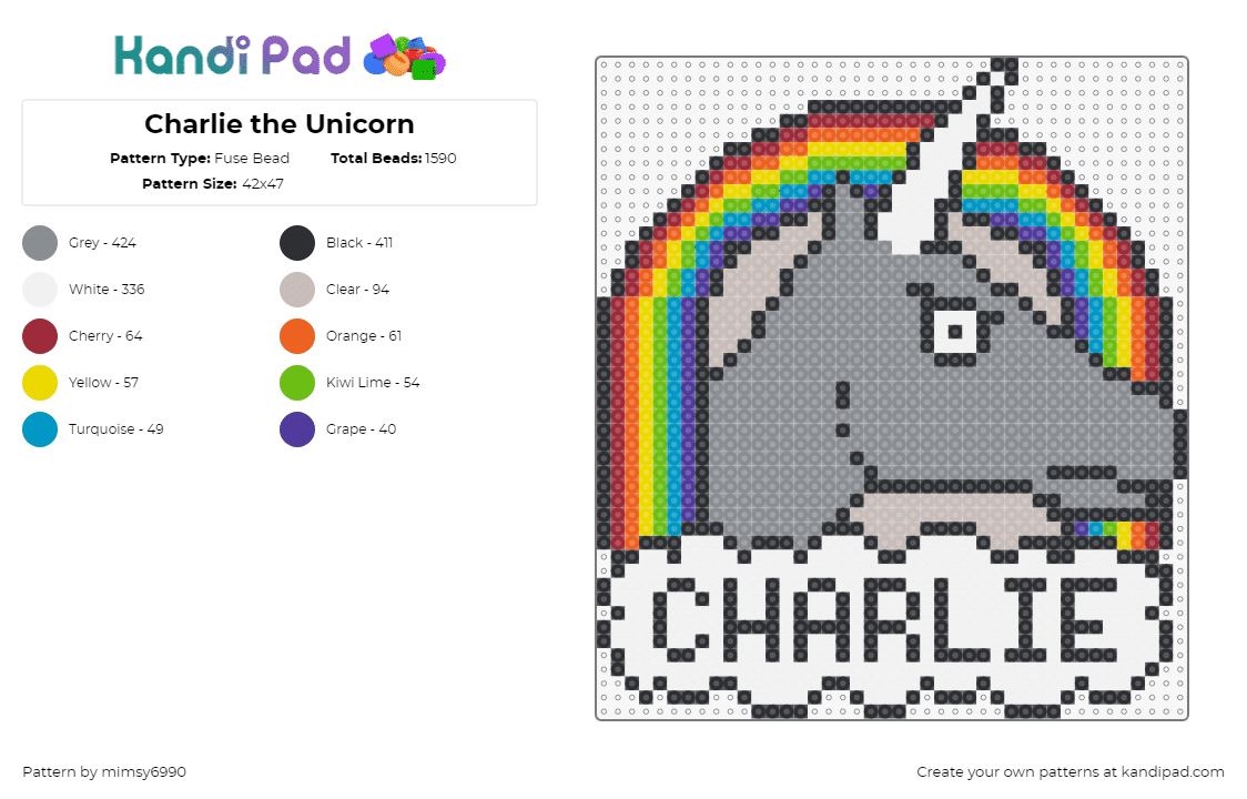 Charlie the Unicorn - Fuse Bead Pattern by mimsy6990 on Kandi Pad - charlie,unicorn,animation,rainbow,nostalgia,cloud,text,gray,white