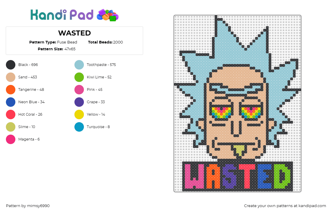 WASTED - Fuse Bead Pattern by mimsy6990 on Kandi Pad - rick sanchez,rick and morty,character,unique hairstyle,colorful text,trippy,rave