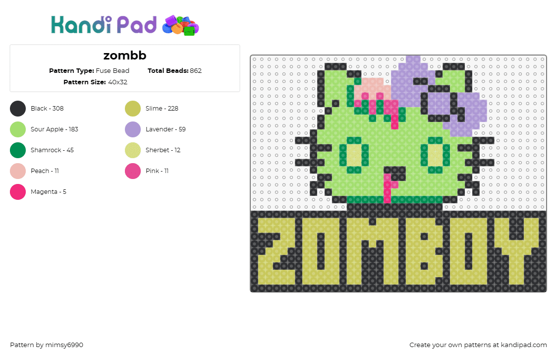 zombb - Fuse Bead Pattern by mimsy6990 on Kandi Pad - zomboy,hello kitty,zombie,music,edm,dj,dubstep,mashup,pop culture,bold,green,gol