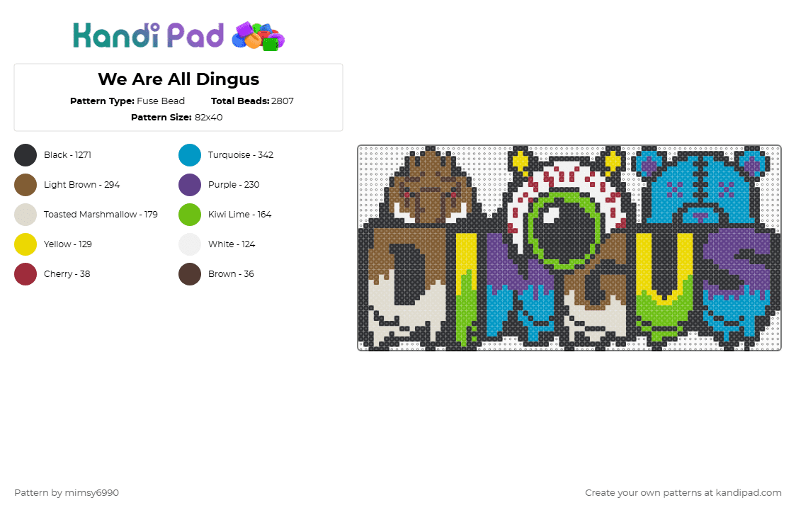 We Are All Dingus - Fuse Bead Pattern by mimsy6990 on Kandi Pad - dingus,wooli,subtronics,level up,dj,logo,music,drippy,trippy,edm,eyeball,halloween,spooky,black,tan,green,purple,colorful