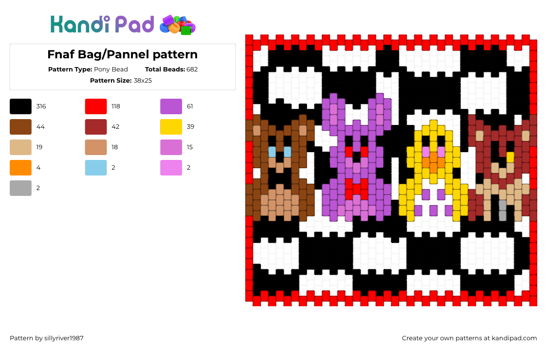 Fnaf Bag/Pannel pattern - Pony Bead Pattern by sillyriver1987 on Kandi Pad - fnaf,five nights at freddys,checkered,characters,horror,video game,bag,panel,border,colorful,red,black,white