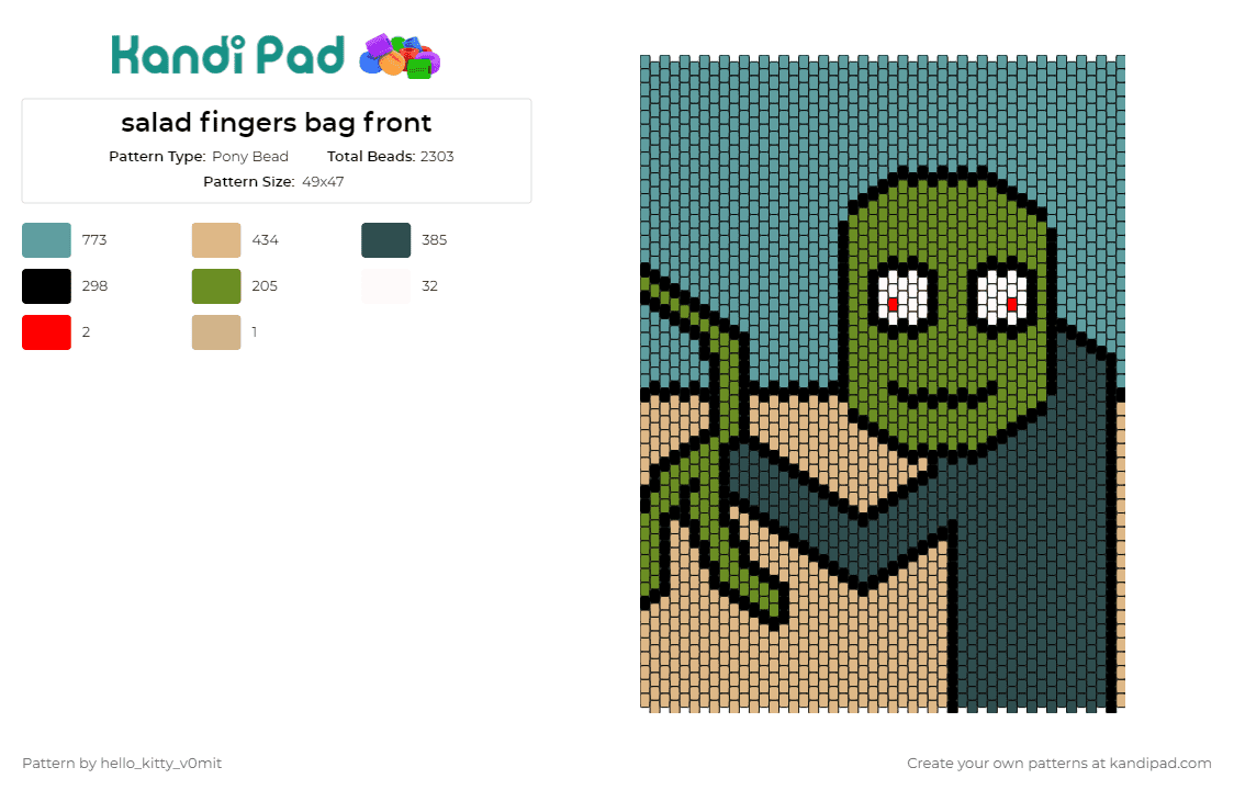 salad fingers bag front - Pony Bead Pattern by hello_kitty_v0mit on Kandi Pad - salad fingers,character,bag,panel,nostalgia,youtube,spooky,creepypasta,green,tan,teal