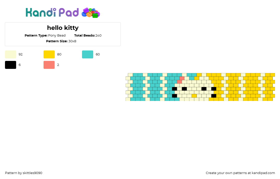 hello kitty - Pony Bead Pattern by skittles9090 on Kandi Pad - hello kitty,sanrio,cuff,teal,yellow