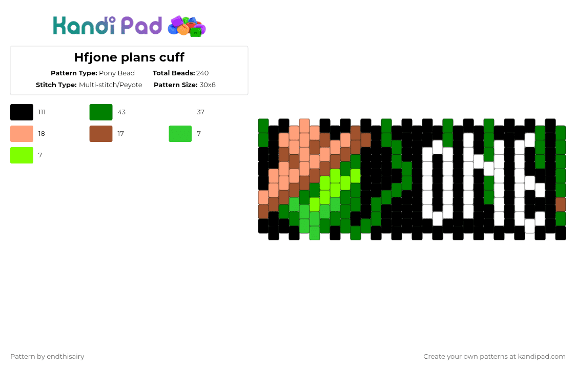 Hfjone plans cuff - Pony Bead Pattern by endthisairy on Kandi Pad - green