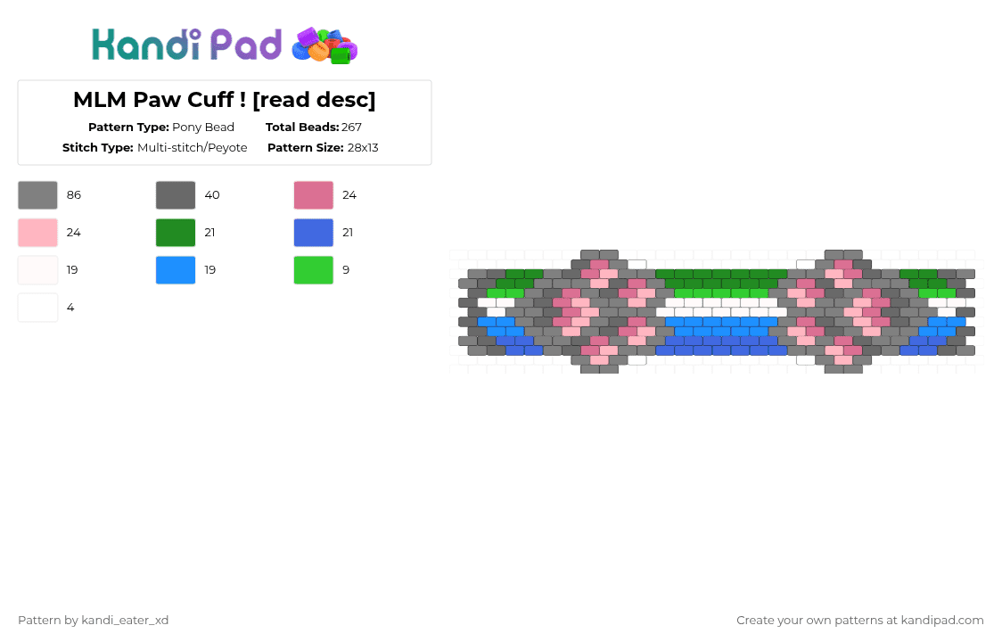 MLM Paw Cuff ! [read desc] - Pony Bead Pattern by pinkalice on Kandi Pad - gray,pink
