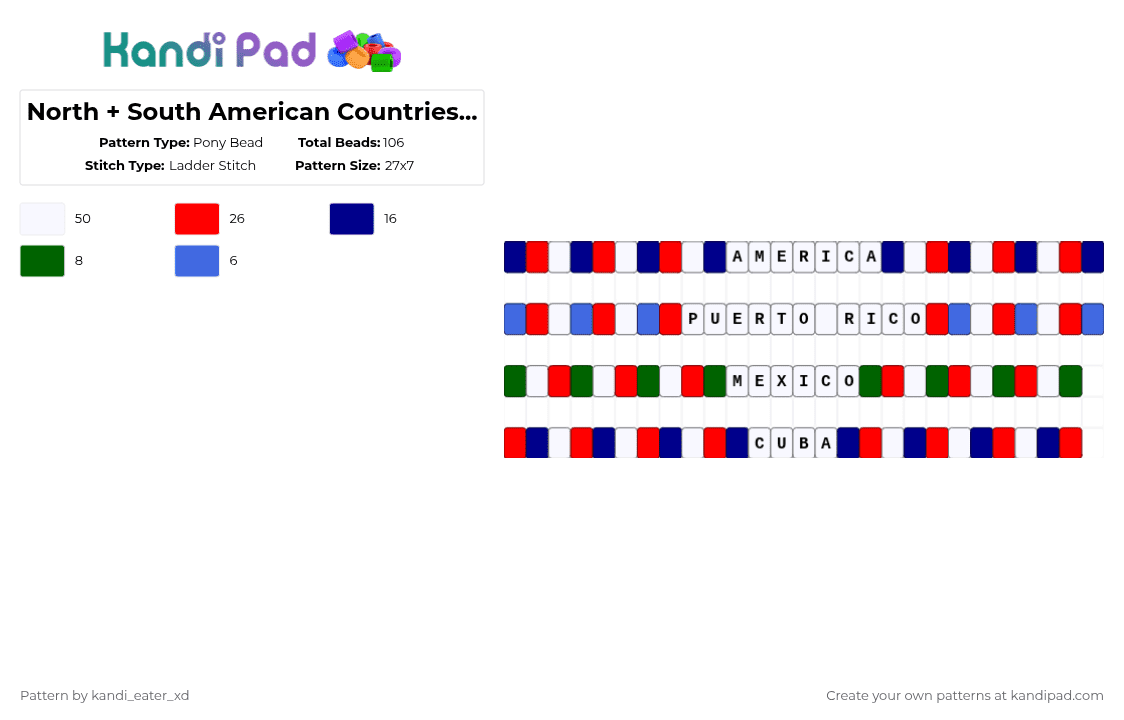North + South American Countries Singles [Read Desc] - Pony Bead Pattern by pinkalice on Kandi Pad - white,purple,red