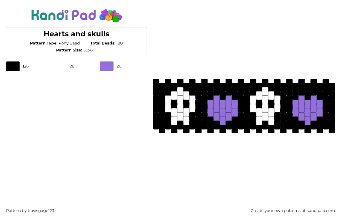 Hearts and skulls - Pony Bead Pattern by travisgage123 on Kandi Pad - skulls,hearts,repeating,spooky,dark,cuff,halloween,black,white,purple